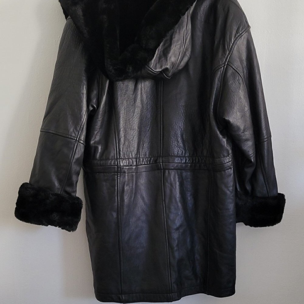 Rare Vintage Genuine Leather Fur Black Belted Hood Coat Jacket Women Size L - Picture 8 of 14